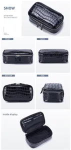 Detailed views of the crocodile pattern leather makeup bag from multiple angles and inside.