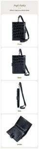 Multi-angle view of a black crocodile-pattern leather passport holder with neck strap.
