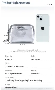 Taille détaillée et spécifications pour le porte-monnaie en cuir argenté craquelé.