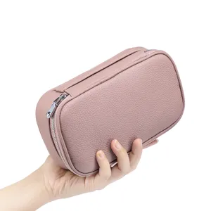 Premium Kosmetiktasche aus echtem Leder in Altrosa, tragbarer Kulturbeutel für Reisen