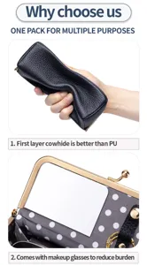 Detailed view of genuine cowhide leather glasses case with built-in mirror inside.
