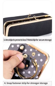 Detail view of leather storage pouch with snap fastener and polka dot interior