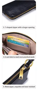 Detailed views of leather wallet showing 7-shaped zipper and internal card slots