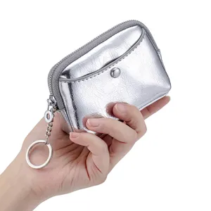 Petit porte-monnaie argenté à texture craquelée pour femme avec porte-clés pratique