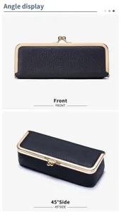 Front and 45-degree side views of a black pebbled leather glasses case with metal clasp