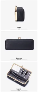 Detail views of black leather kiss-lock pouch showing side, bottom, and interior mirror.