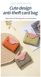 Vue détaillée de trois porte-cartes en cuir éléphant mignon en orange vert et gris