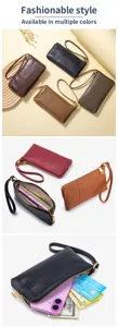 Detail view of women's leather clutches in various colors and internal storage capacity
