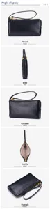 Multiple angle views of a vintage black leather wristlet wallet for women.