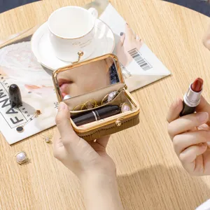 Tragbare Schmuck- und Lippenstift-Aufbewahrungsbox aus Leder mit integriertem Spiegel