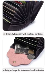 Vue détaillée des fentes pour cartes de style accordéon et de la poche à monnaie du portefeuille.
