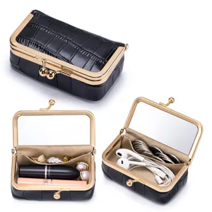 Schwarze Krokodilmuster tragbare Schmuck- und Lippenstift-Box mit Spiegel und Goldverschluss