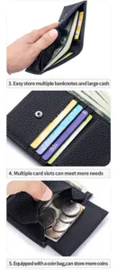 Detailed feature views of the black leather wallet showing card slots, bills and coin pocket