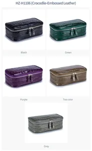 Five color variants of crocodile-embossed leather cosmetic bags for travel and storage.