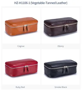 Premium vegetable-tanned leather cosmetic bags in four classic colors for travel