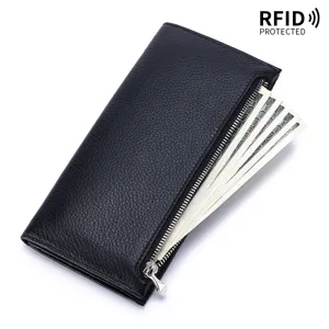 Schlanke Herren-Langgeldbörse aus echtem Leder mit RFID-Schutz und Reißverschluss
