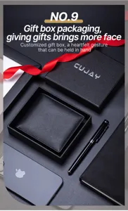 Nahaufnahme der Premium-Geldbörse aus schwarzem Leder in einer eleganten Geschenkbox