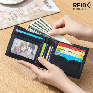 RFID blocking black bifold men's leather wallet with multiple card slots and cash