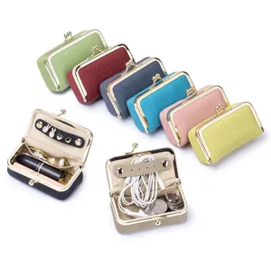 Mini Genuine Leather Jewelry Organizer Pouch Portable Lipstick Case Coin Purse With Metal Kiss Lock For Women