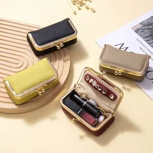 Exquisite genuine leather jewelry and lipstick organizer pouch with vintage gold clasp
