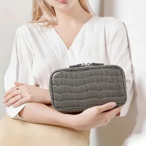 Professional grey crocodile pattern leather cosmetic bag for travel and storage