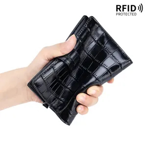 Black genuine leather crocodile pattern passport holder wallet with RFID protection