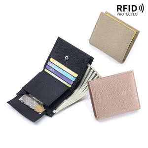Women Genuine Leather RFID Blocking Ultra Thin Bi-fold Wallet Lychee Texture Head Layer Cowhide Card Holder Short Wallet