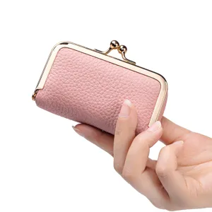 Pink genuine leather mini jewelry storage bag with elegant gold kiss-lock closure