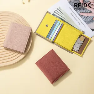 Genuine leather slim bifold wallet for women with RFID protection and coin pocket