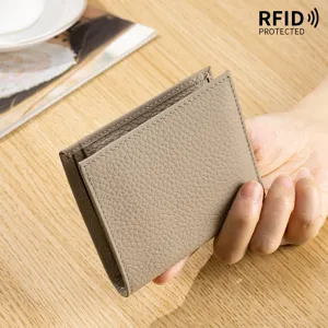 Slim genuine leather bifold wallet with RFID blocking protection and pebble grain finish