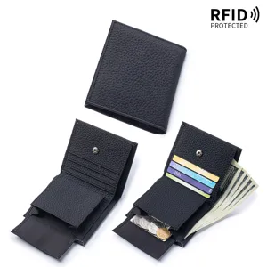 Genuine leather bifold wallet with RFID protection, multiple card slots and coin pocket