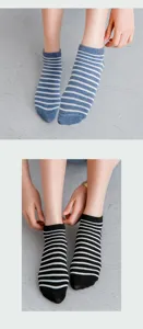 Close-up of women's striped cotton ankle socks in blue and black colors