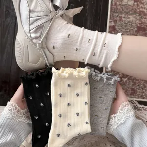 Women Sweet Floral Cotton Crew Socks With Ruffle Edge Breathable Mesh Thin Socks Spring Summer Casual Fashion Style