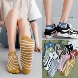 Set of striped cotton low-cut ankle socks for women in multiple colors