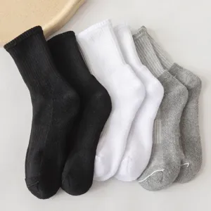 Thickened terry mid-calf cotton socks in black, white and grey, warm winter daily wear.