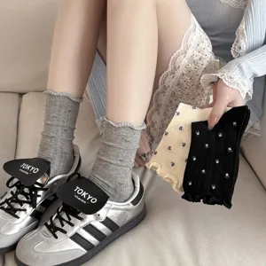 Korean style floral ruffled crew socks for women in fresh spring summer colors