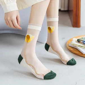 Japanese style sheer mesh socks featuring tulip embroidery and cotton non-slip sole