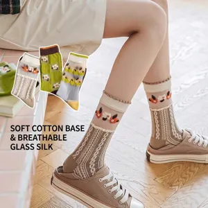 Japanese style breathable glass silk crew socks with floral embroidery and cotton bottom