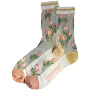 Sheer glass silk socks for women featuring pink tulip patterns and cotton soles