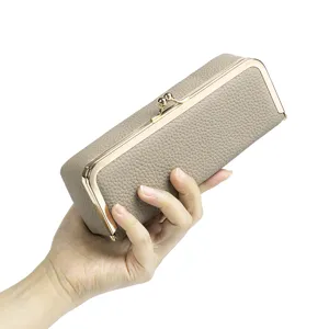 Genuine leather portable glasses case with kiss-lock clasp, elegant taupe pouch