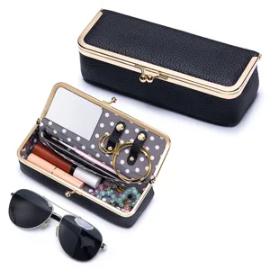 Elegant black litchi leather portable sunglasses case with a gold metal frame closure