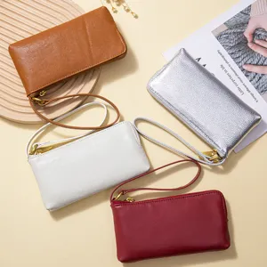 Vintage leather long wristlet wallet for women with zipper closure
