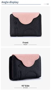Deux angles d'un joli porte-cartes en cuir en forme d'éléphant avec contraste de couleurs