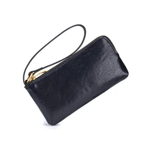 Elegant minimalist black genuine leather long wallet with gold zipper and wrist strap