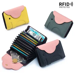Porte-cartes en Cuir Véritable Éléphant Style Coréen Blocage RFID Multi-emplacements Couleur Contrastée Petit Portefeuille Femme