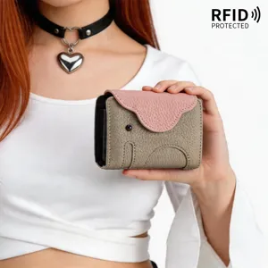 Porte-cartes éléphant mignon en cuir véritable avec protection RFID, gris et rose