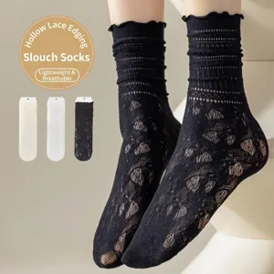 Elegante japanische schwarze Spitzen-Rüschensocken mit Lochmuster für Damen im Sommer