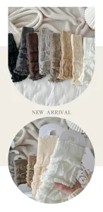 Detailed view of winter knitted fleece-lined leg warmers, cute ruffle trim, cable knit Y2K style.