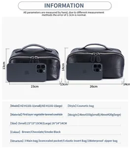 Detaillierte Spezifikationen für schwarze Leder-Kosmetiktaschen in zwei verschiedenen Größen.