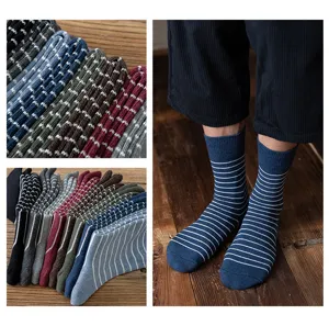 Detailed view of vintage striped cotton crew socks for men in various colors